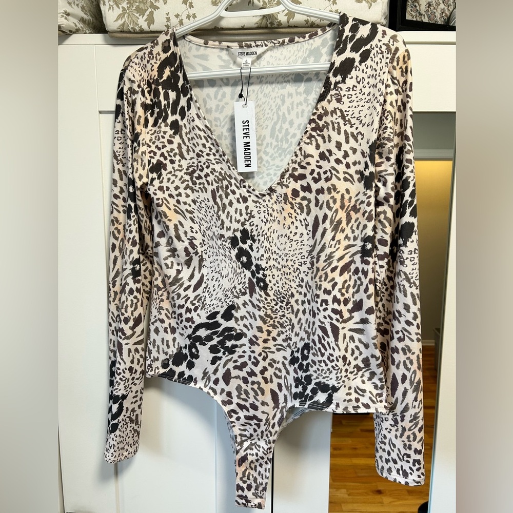 Steve Madden Black and Cream Leopard Print Bodysuit